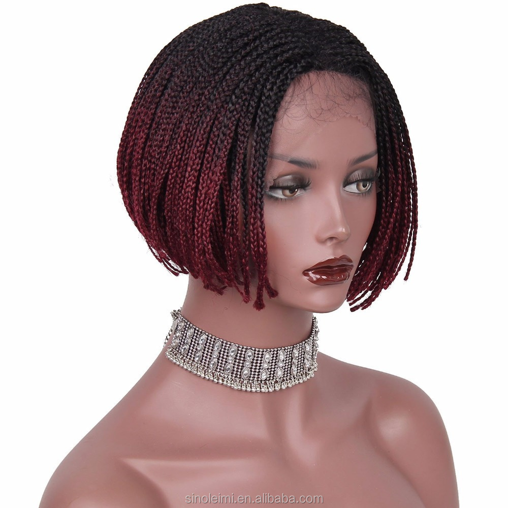 Short Synthetic Lace Front Braided Wigs for Black Women Dark Roots Burgundy Ombre wig