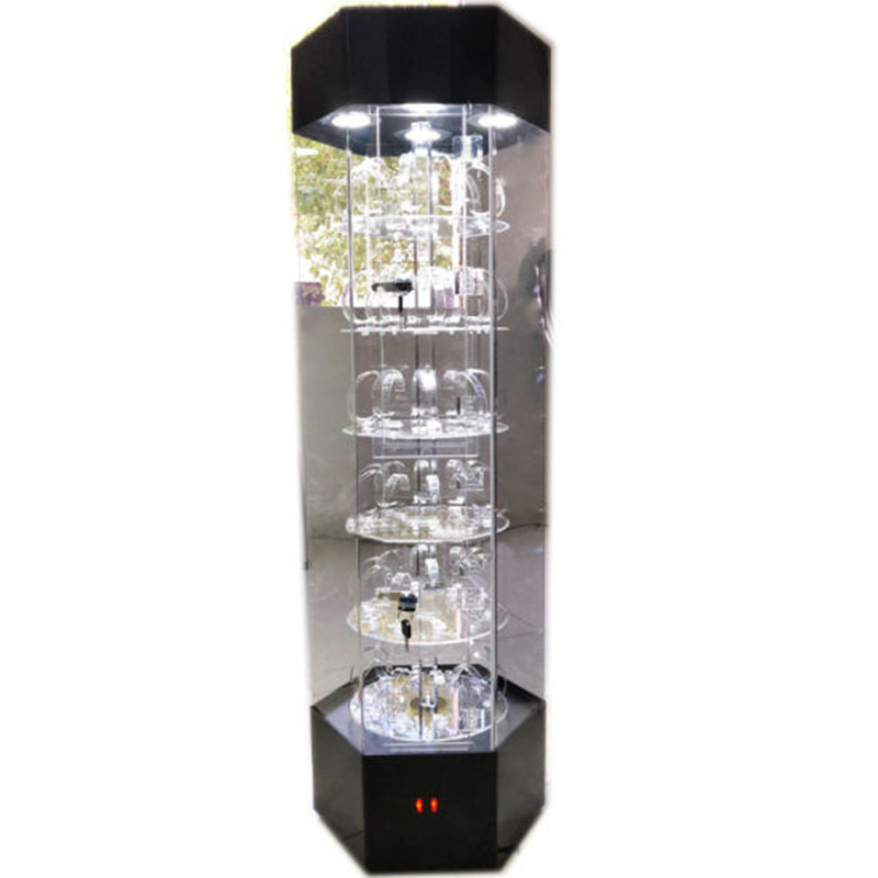 Customized Clear Free Standing LED rotating lockable clear acrylic watch display case for wholesale