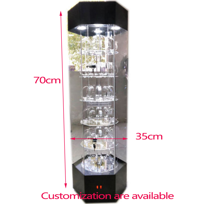 Customized Clear Free Standing LED rotating lockable clear acrylic watch display case for wholesale