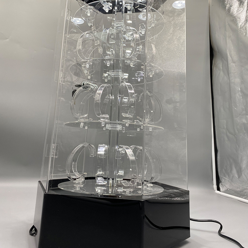 Customized Clear Free Standing LED rotating lockable clear acrylic watch display case for wholesale