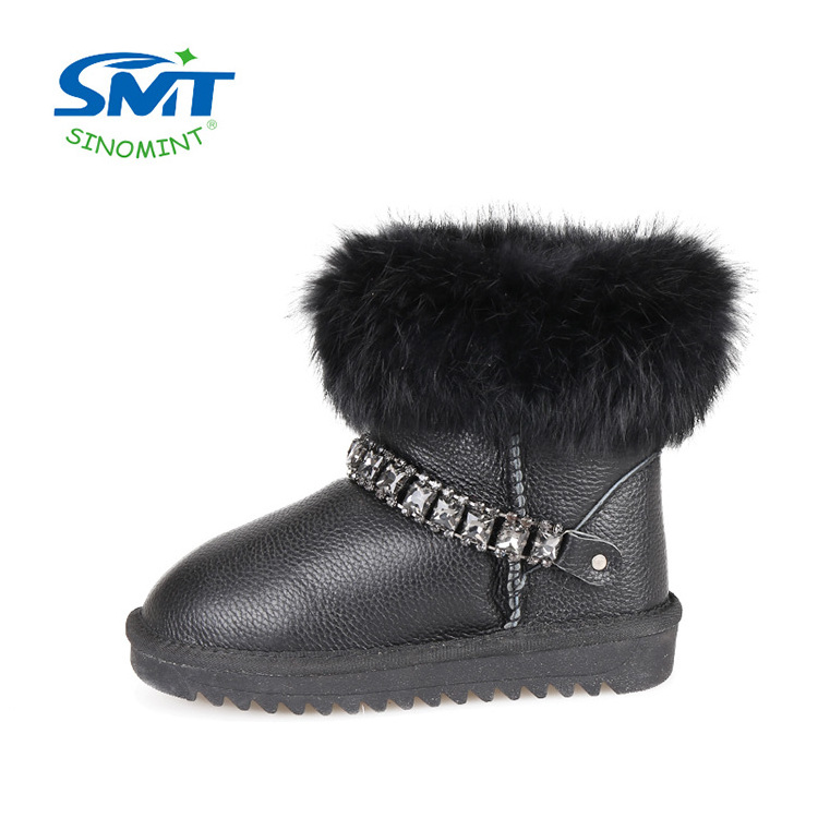 Popular waterproof rhinestone luxury fur suede real leather winter sheepskin kids snow boots for children