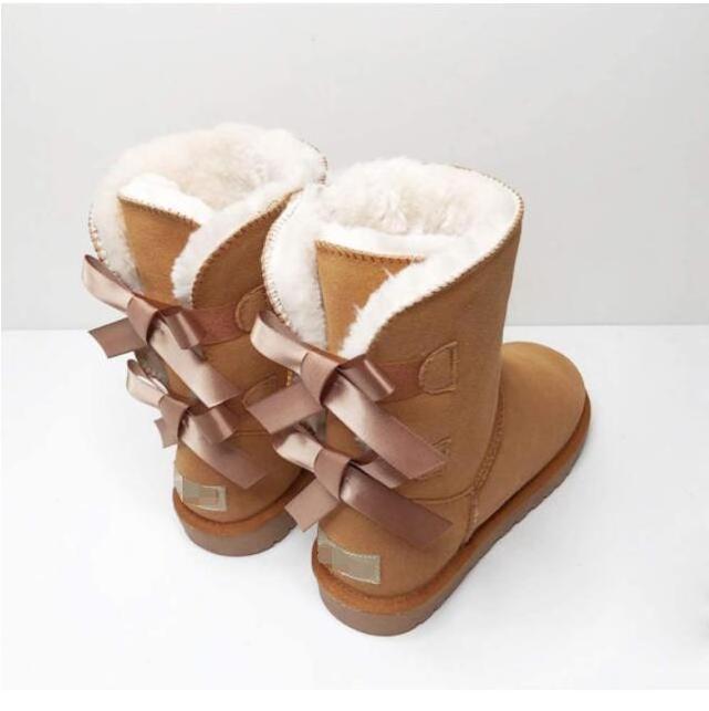 Women Ugh Platform Furry Sheepskin Winter Mid-Calf high Back Bows Snow Boots