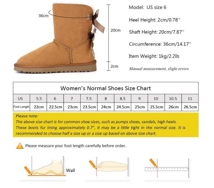 Women Ugh Platform Furry Sheepskin Winter Mid-Calf high Back Bows Snow Boots