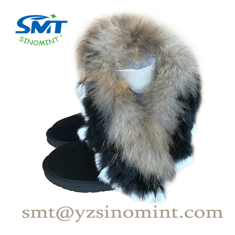 Cheap raccoon fur real leather EVA double face sheepskin ladies winter snow boots