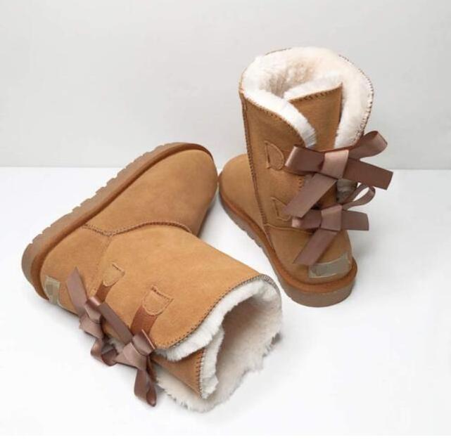 Women Ugh Platform Furry Sheepskin Winter Mid-Calf high Back Bows Snow Boots