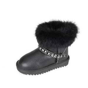 Popular waterproof rhinestone luxury fur suede real leather winter sheepskin kids snow boots for children