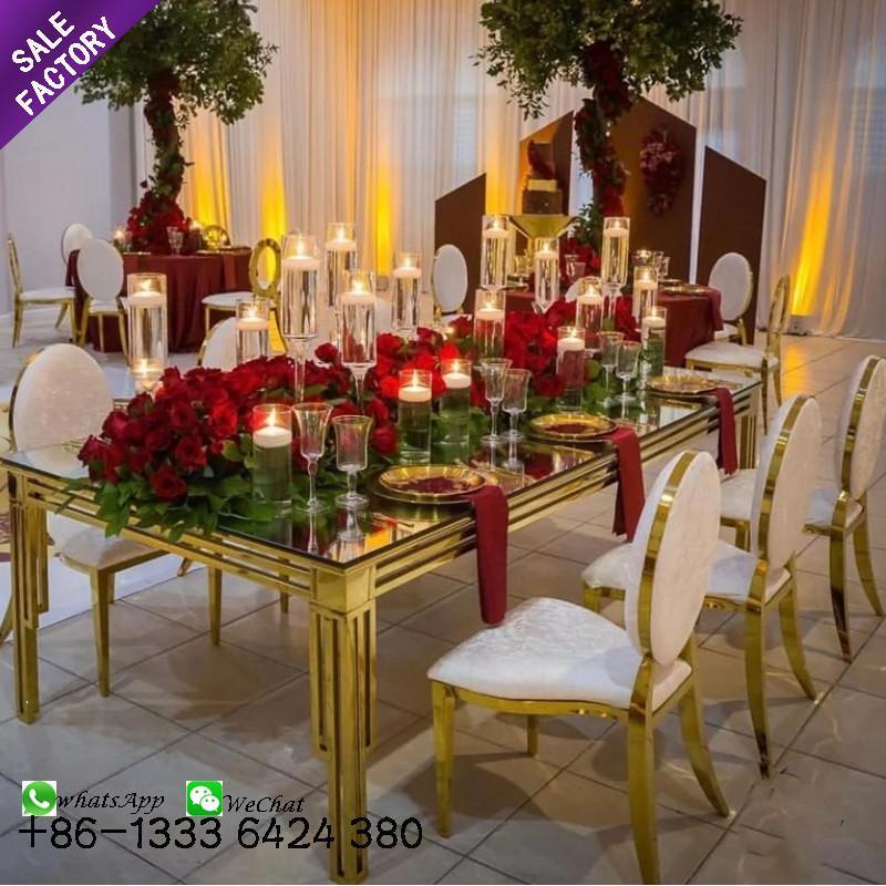 Gold Stainless Steel Frame Black Mirror Glass Top Wedding Table 12 People Dinning Chairs Sets For Wedding