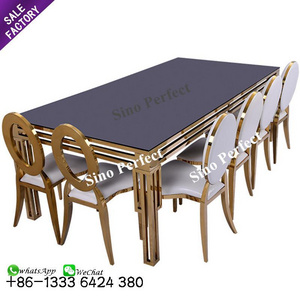 Gold Stainless Steel Frame Black Mirror Glass Top Wedding Table 12 People Dinning Chairs Sets For Wedding