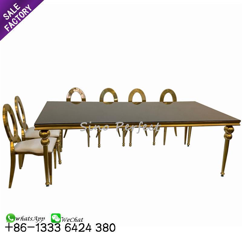 Gold Stainless Steel Frame Black Mirror Glass Top Wedding Table 12 People Dinning Chairs Sets For Wedding