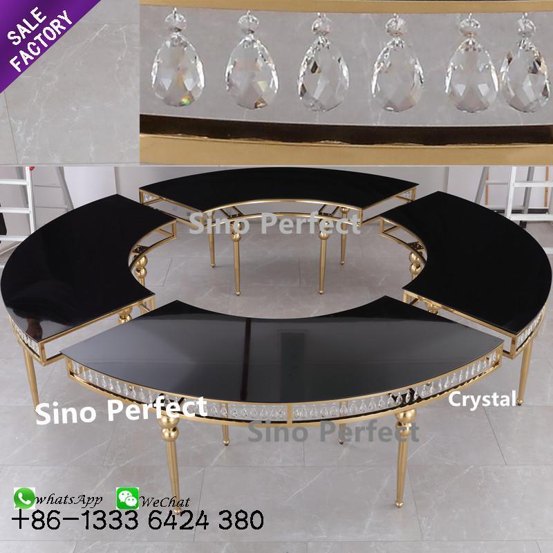 Luxury Stainless Steel Banquet Dining Dinner Event Party Wedding Half Moon Black Glass Table Serpentine