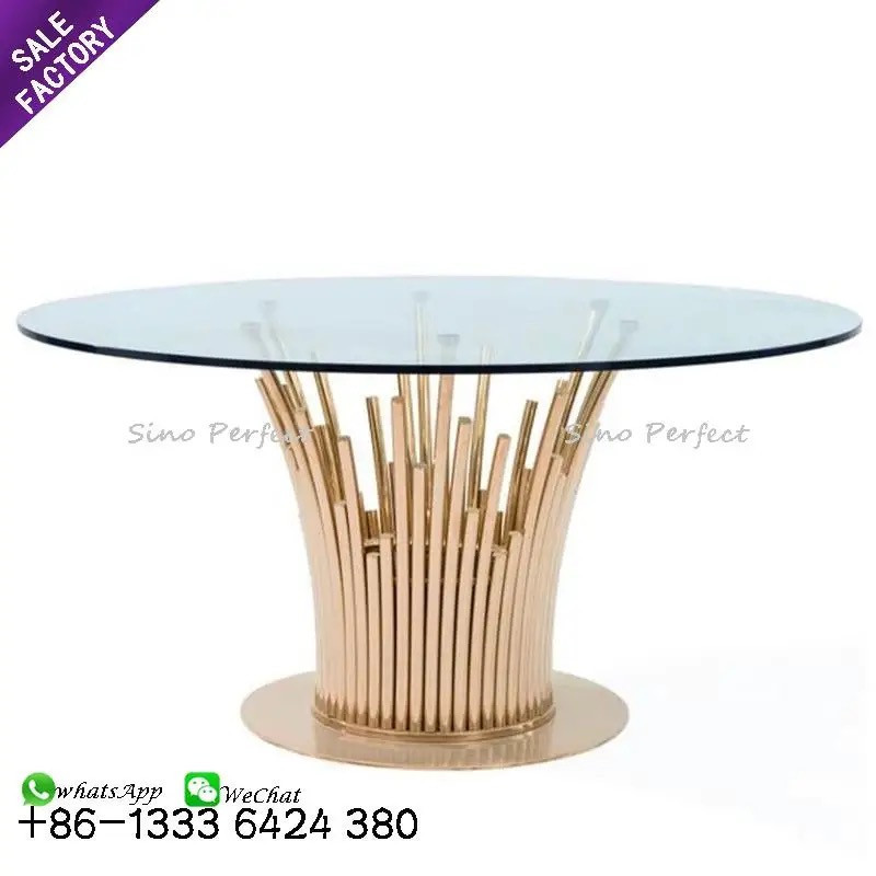 Modern Gold Metal Stainless Steel Half Moon Full Moon Round Event Banquet Party Dining Dinner Glass Wedding Reception Table