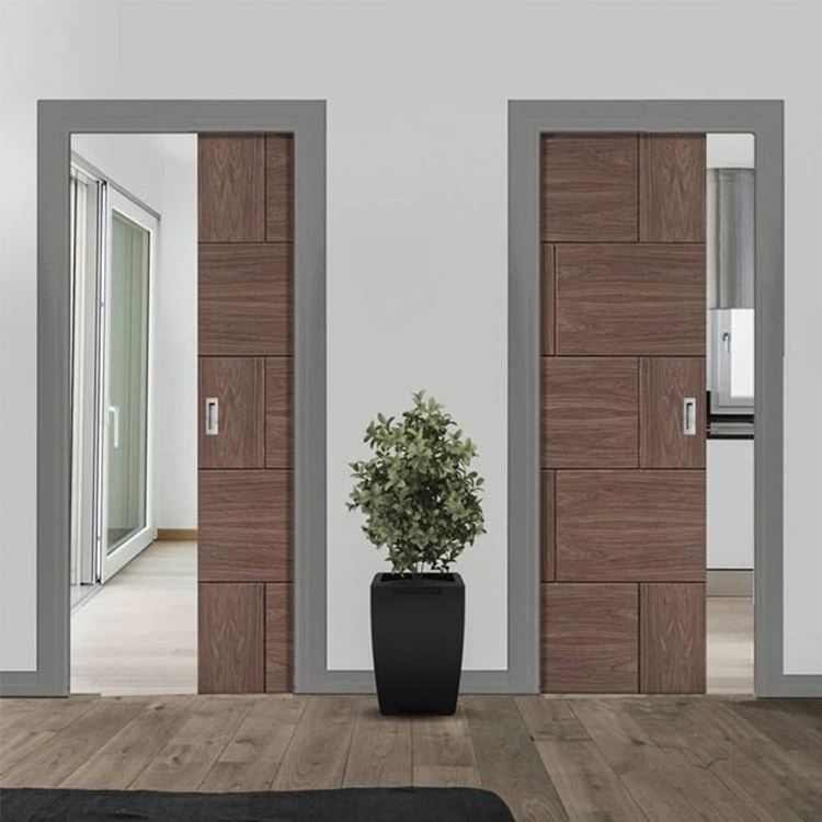 Premade modern interior room large wood sliding hidden pockets doors system luxury walnut solid wooden pocket flush door