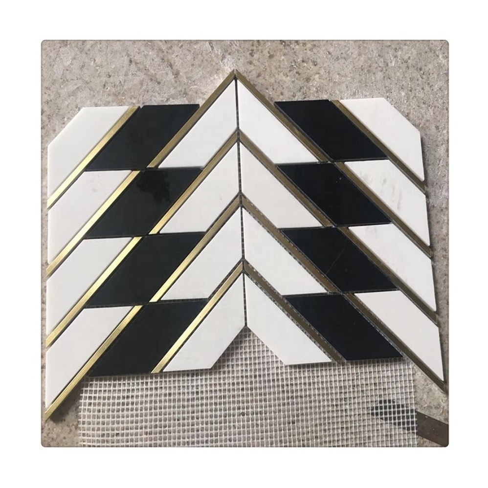 Dolomite white marble and gold metal arrow art mosaic deco tile backsplash