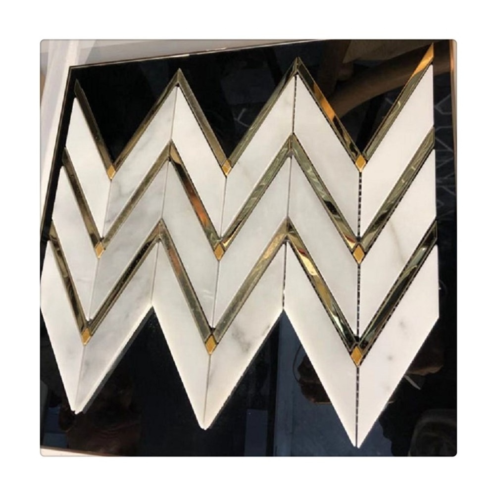 Dolomite white marble and gold metal arrow art mosaic deco tile backsplash