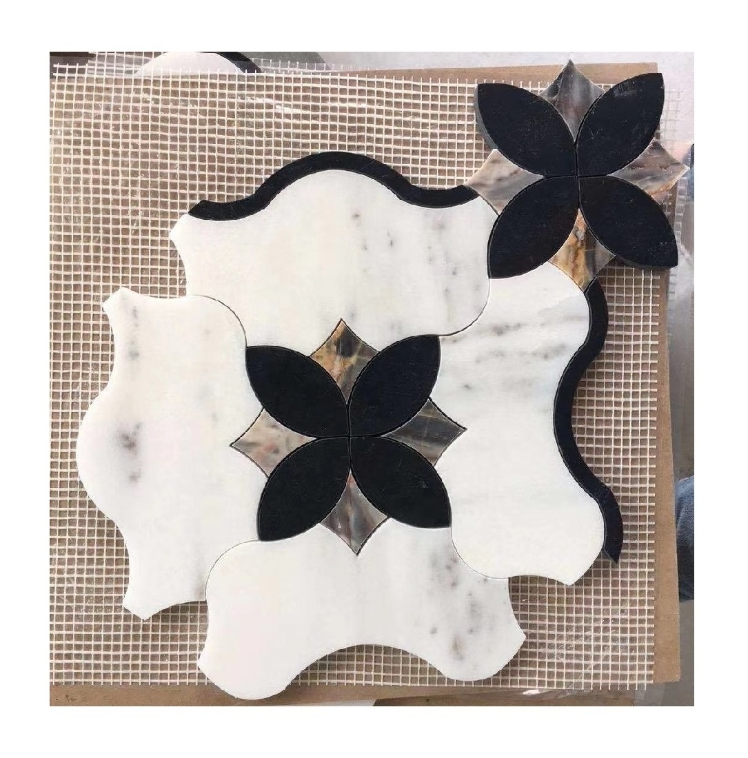 Carrara white marble black marble waterjet cut mosaic tile with water-resistant peel and stick