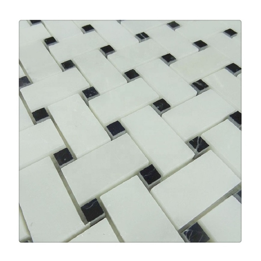 Thassos white marble basketweave mosaic with crystal chips