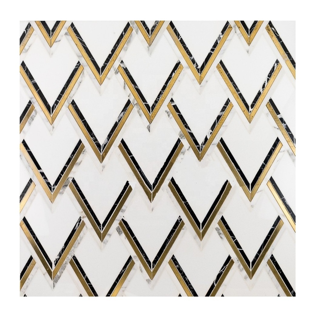 Carrara white marble gold metal inlay parquet mosaic tile backsplash