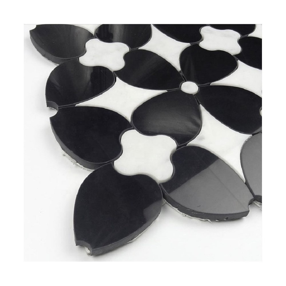 Carrara white marble black marble waterjet cut mosaic tile with water-resistant peel and stick