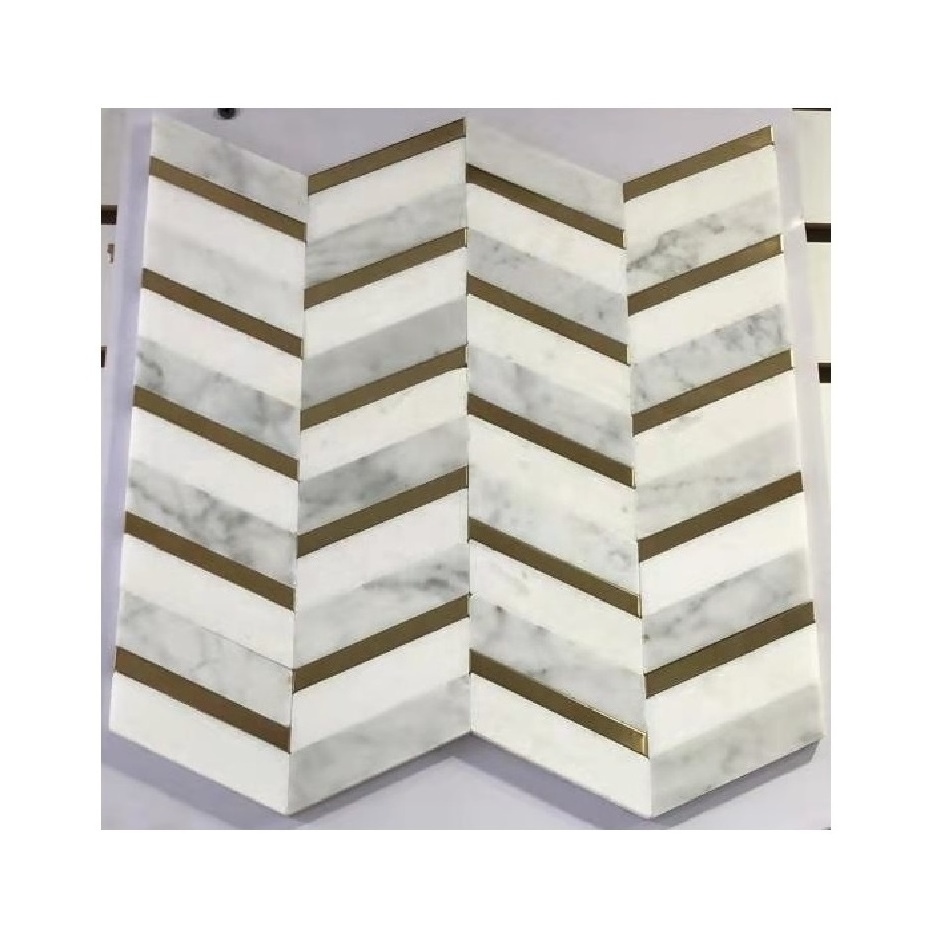 Carrara white marble gold metal inlay parquet mosaic tile backsplash