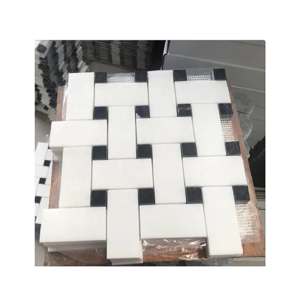 Thassos white marble basketweave mosaic with crystal chips