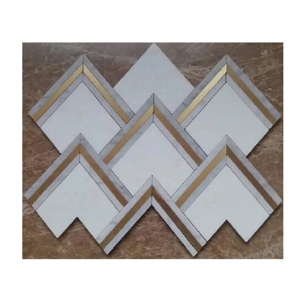 Carrara white marble gold metal inlay parquet mosaic tile backsplash