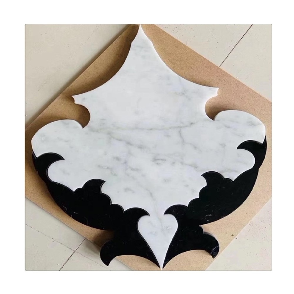 Carrara white marble black marble waterjet cut mosaic tile with water-resistant peel and stick