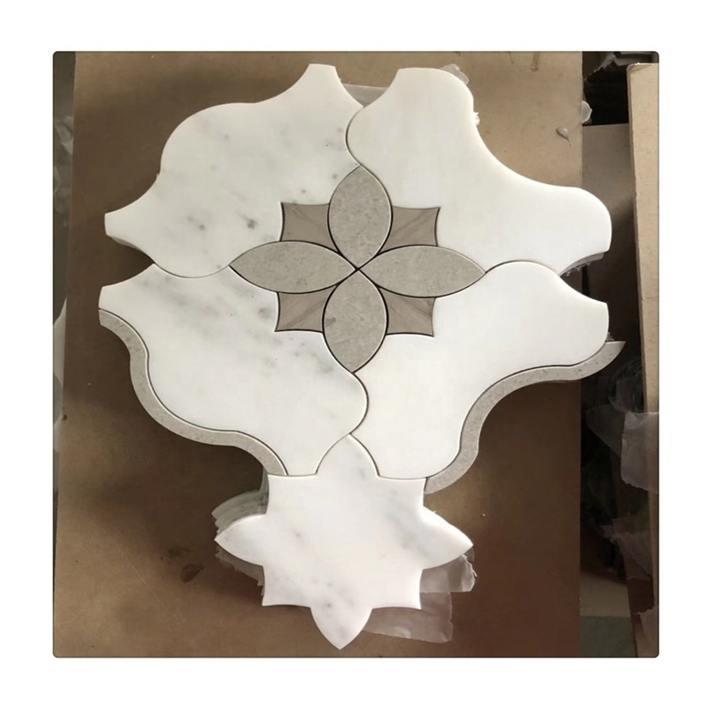 Carrara white marble black marble waterjet cut mosaic tile with water-resistant peel and stick