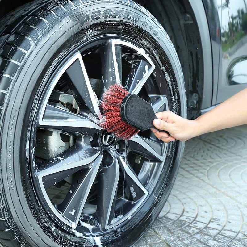 LKGJ35 1PCS Car Wheel Wash Brush Long Soft Bristle Tire Rim Cleaning Brush With Handle For Engine Exhaust Tips Grills Motorcycle