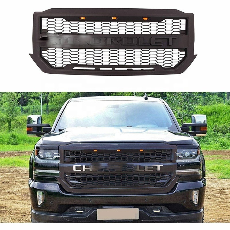 Front  matt Black Grille For  Chevrolet Silverado 1500 2016-2018 with LED Amber Lights