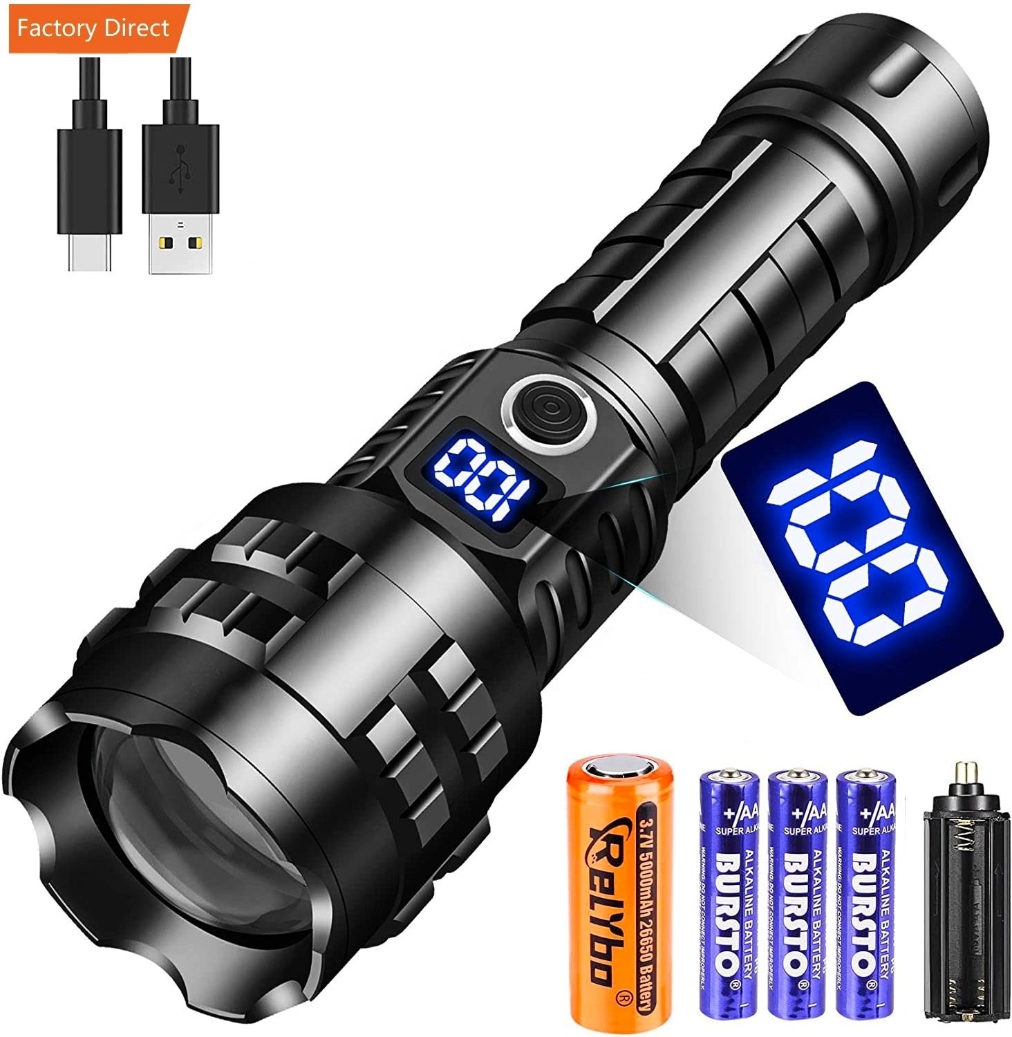 15000 lumens 5000mAh Zoomable Aluminum Alloy Body Rechargeable USB 26650 Battery XHP70 LED tactical Torch Flashlights