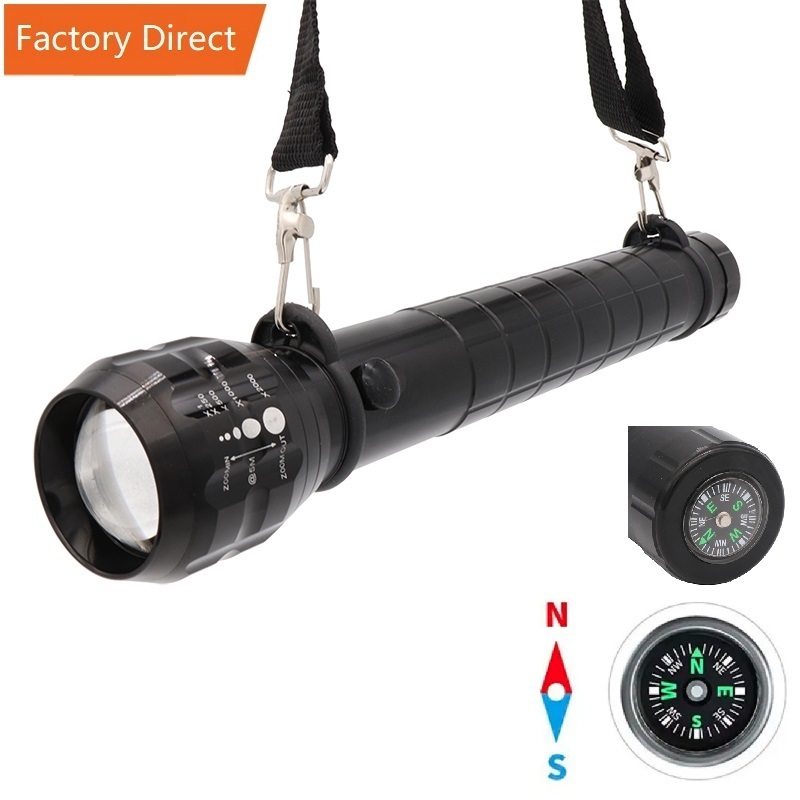 High Power 3Watt LED Torch Heavy Duty Outdoor Torch Zoom Rechargeable Flashlight With Nylon Strap Compass 3xD batteries