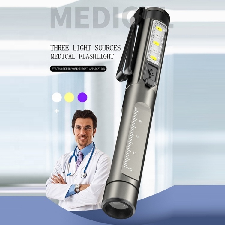 Rechargeable Aluminum Doctor Nurse Penlight With Pupil Gauge UV Ultraviolet LED Medical Pen Light For Dentist