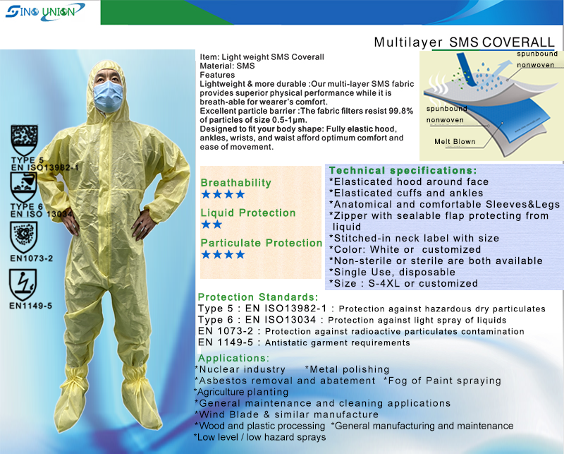 SMS Non Woven Yellow Color Full Body Lightweight Disposable Safety Clothing Disposable SMS Coveralls For Asbestos Fiberglass