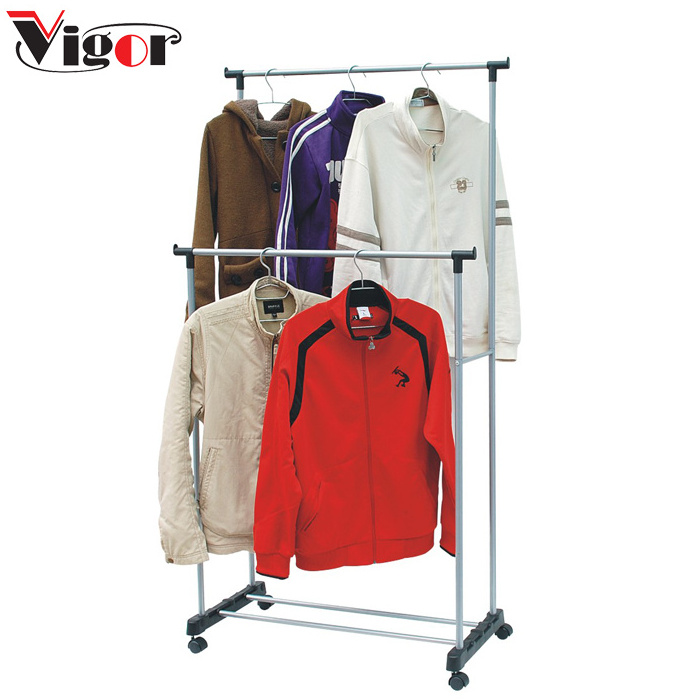 Folding Laundry Rack Adjustable Rod Hanger With Wheels For Home Use