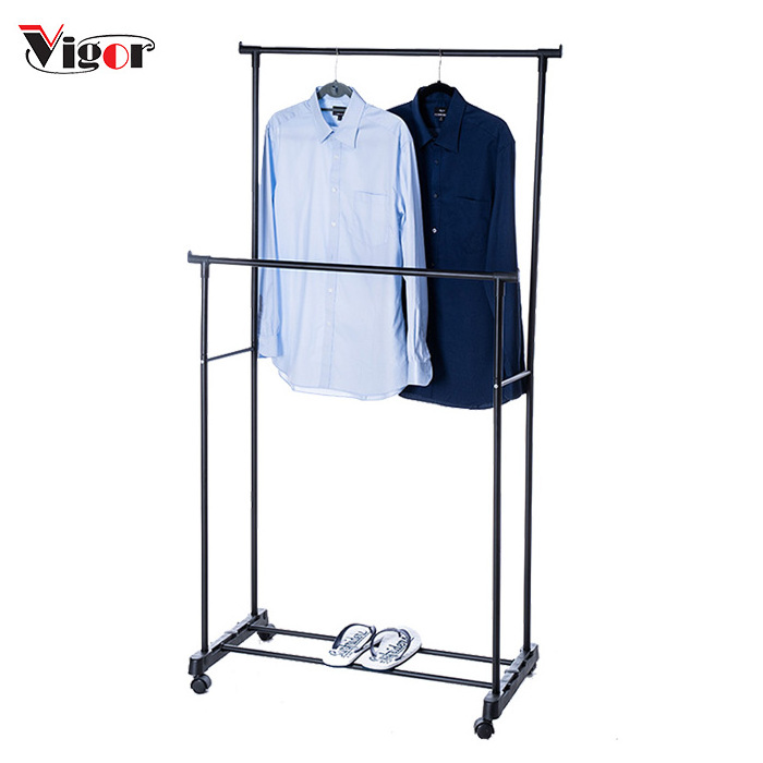 Folding Laundry Rack Adjustable Rod Hanger With Wheels For Home Use