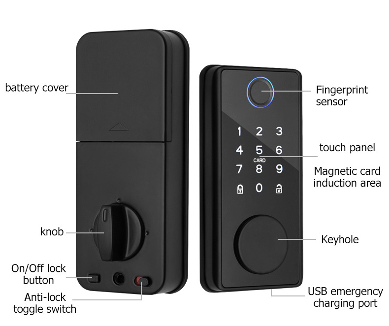 Home Security System Electronic Keypad Deadbolt TTlock Tuya APP Password Fingerprint Black Deadbolt for Metal Door