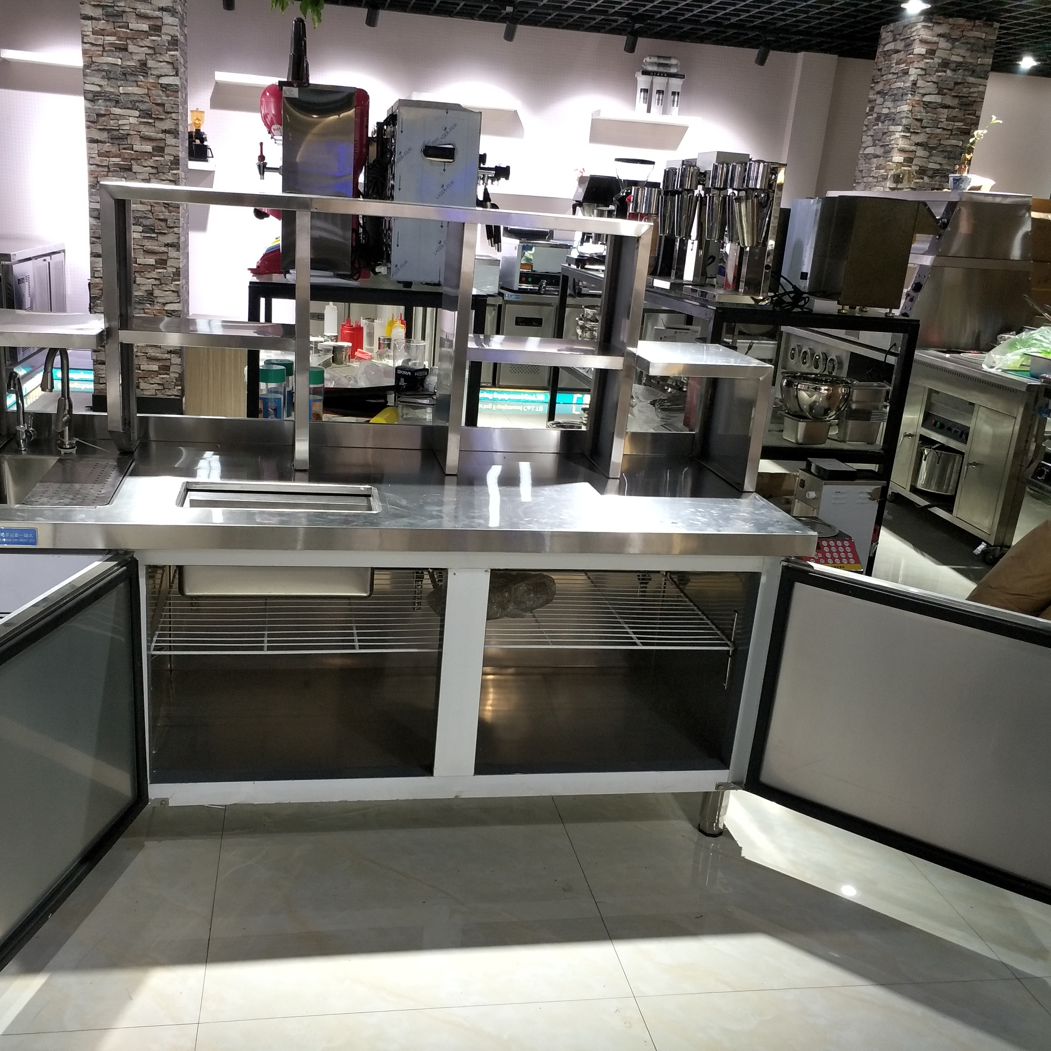 Bubble Work Station Stainless Steel Bubble Tea Counter Kiosk Standard Freezer With Containers Price For Bubble Tea Shop Counter