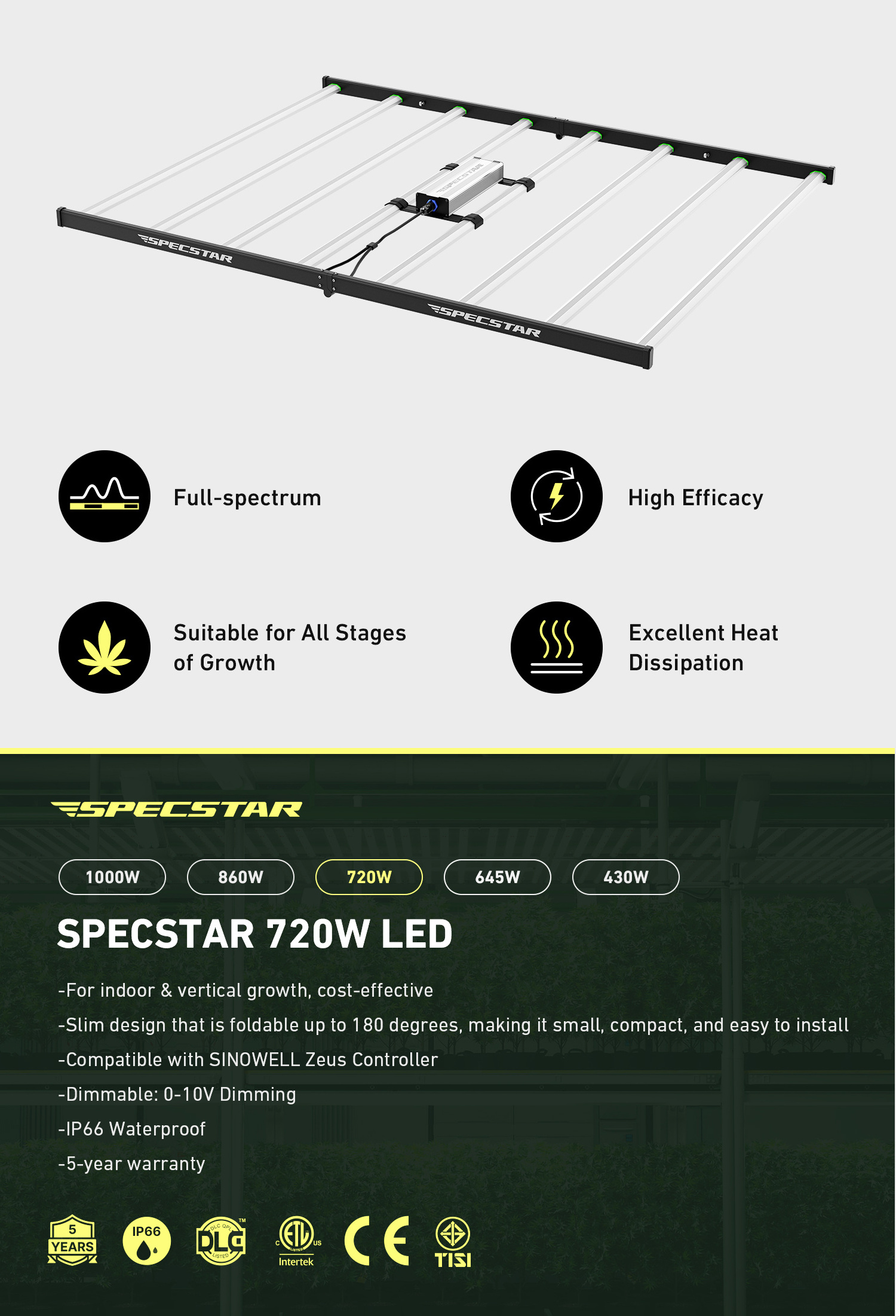 720W Smart Controller Full Spectrum LED Grow Lights Commercial Vertical Farming SpecStar Grow Lights Led