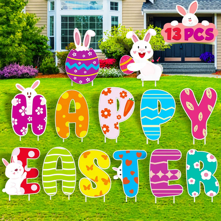 Corrugated Easter Bunny Eggs Hunt Outdoor Yard Decorations Waterproof Lawn Signs with Stakes for Pathway Walkway party supplies