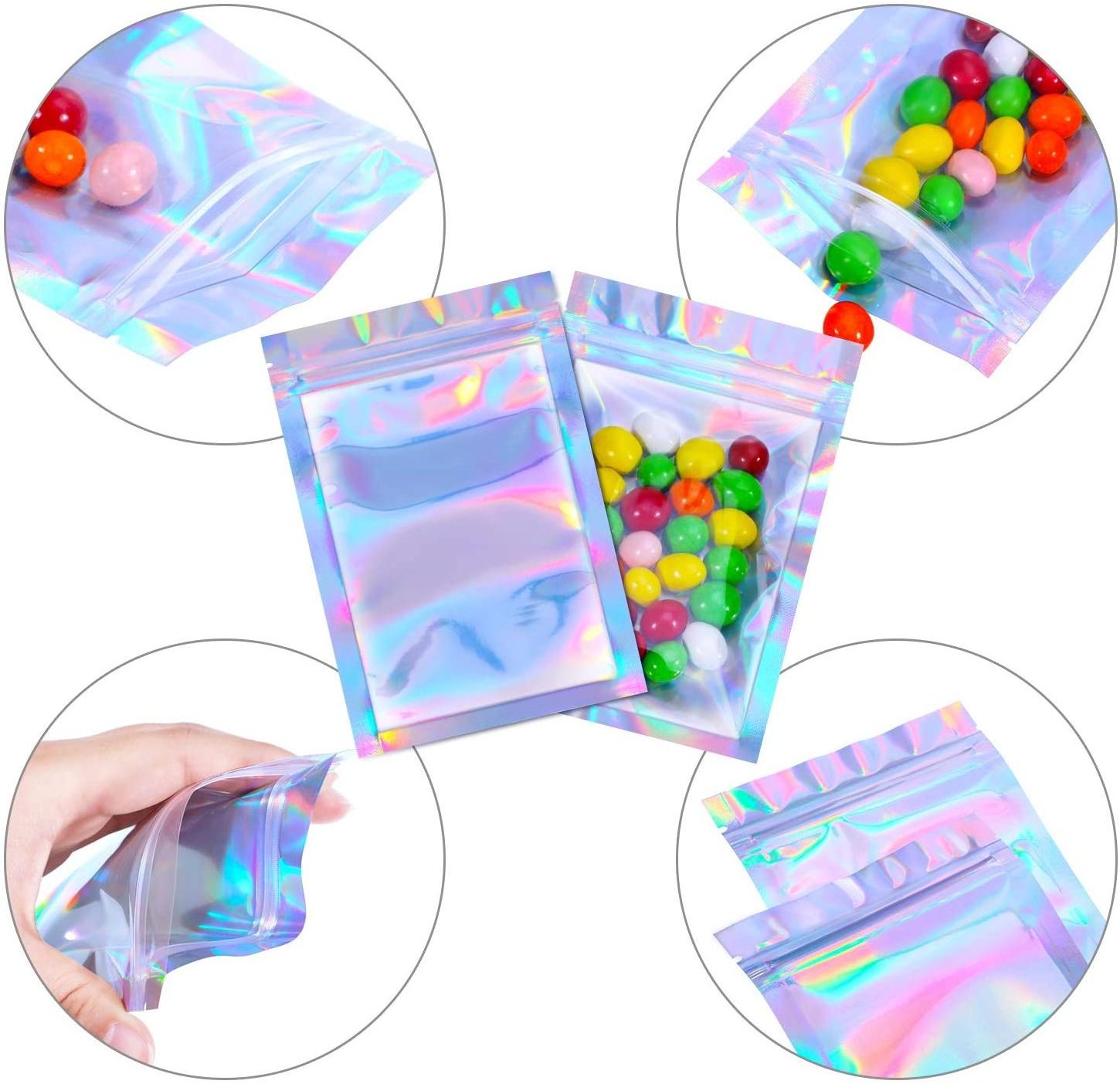 Custom Logo Zip-lock Resealable Smell Proof Aluminum Foil Mylar Plastic Edible Small Food Packaging Hologram Bags