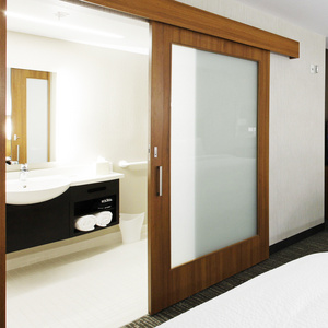 Formica/Wilsonart HPL Accessories Sliding Wood Door With Laminated Glass For Spring Hill Bathroom