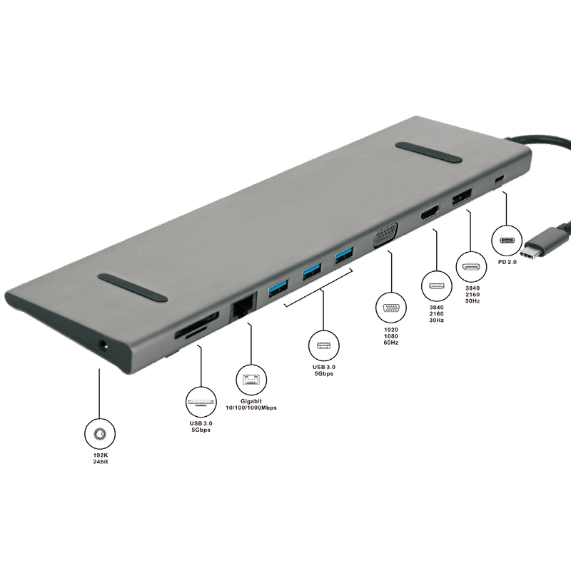 Hot Selling HDM +VGA +USB3.0 + DP +RJ45 +PD +Stereo Audio +SD+ 11 in 1 USB C Hub for Laptop / Computer