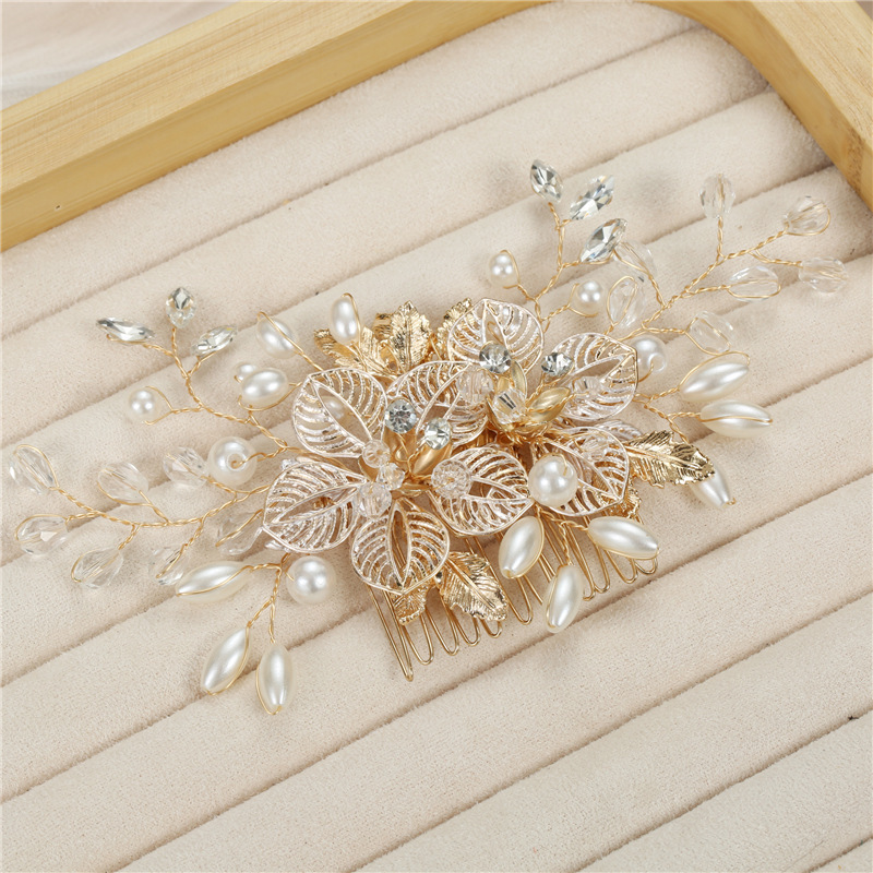 Gold Color Metal Flower Leaves Handmade Painted Wedding Hair Comb Handmade Bridal Hair Accessories Headpieces