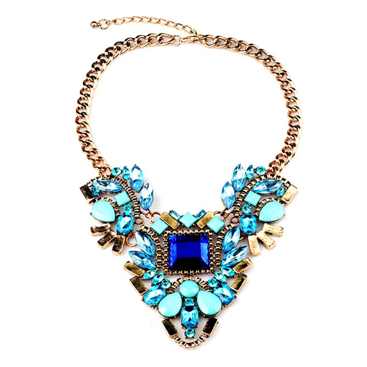 Classic Women Colored Acrylic Stones Gold Plated Alloy Statement Jewelry Fashion Jewelry Necklace for Wholesale