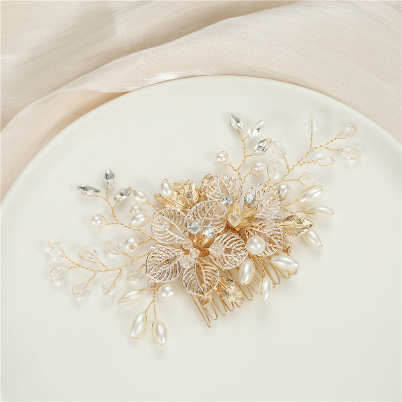 Gold Color Metal Flower Leaves Handmade Painted Wedding Hair Comb Handmade Bridal Hair Accessories Headpieces