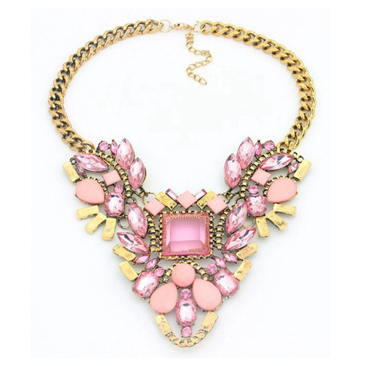 Classic Women Colored Acrylic Stones Gold Plated Alloy Statement Jewelry Fashion Jewelry Necklace for Wholesale