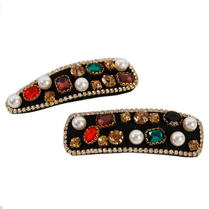 AHC191108 Korea New Design INS Fashion Colorful Rhinestone Hair Clips Vintage Gold Metal Diamond Pearl Hair Snap Bobby Pins