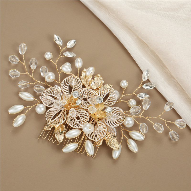 Gold Color Metal Flower Leaves Handmade Painted Wedding Hair Comb Handmade Bridal Hair Accessories Headpieces