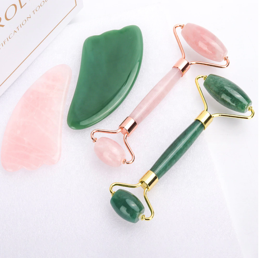 Best Price Hanhe Handheld Quartz Roller Guasha for Beauty Facial Massage Tool with Box Rose Quartz Gua Sha and Jade Roller Set