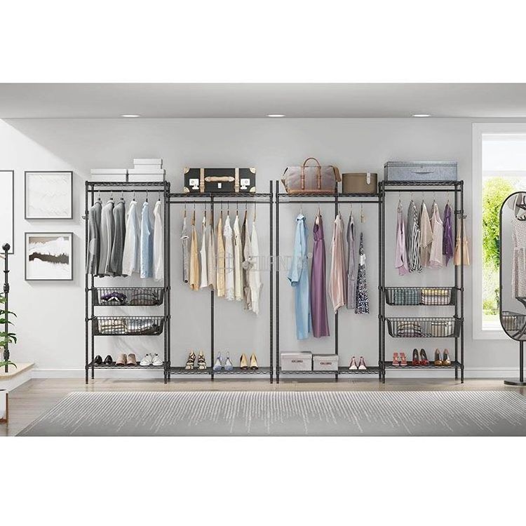 Portable Modern Bedroom Furniture Metal Heavy Duty Metal Wardrobe Double Rod Freestanding Storage Organizer Closet Rack